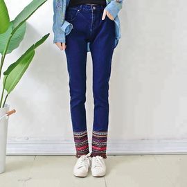 Embroidered Tassel Blue Women Denim Skinny Jeans Long Section Casual Style